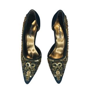 Anne Michelle FUEL57 Embroidered Denim Gold Beaded Heels Womens 6 Vtg Glam Pumps
